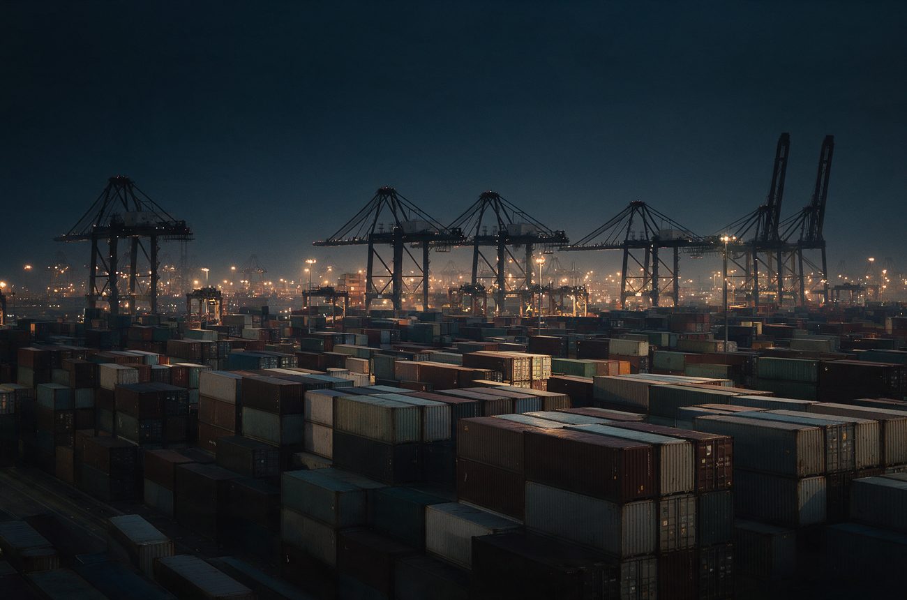 Kontejnerski terminal s portalnim dizalicama u sumrak